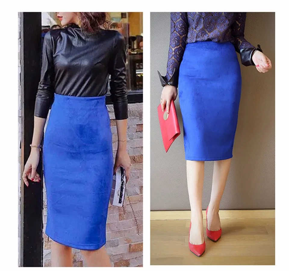 Sexy Multi Color Suede Midi Pencil Skirt Women 2018 Fashion Elastic High Waist Office Lady Bodycon Skirts Saias