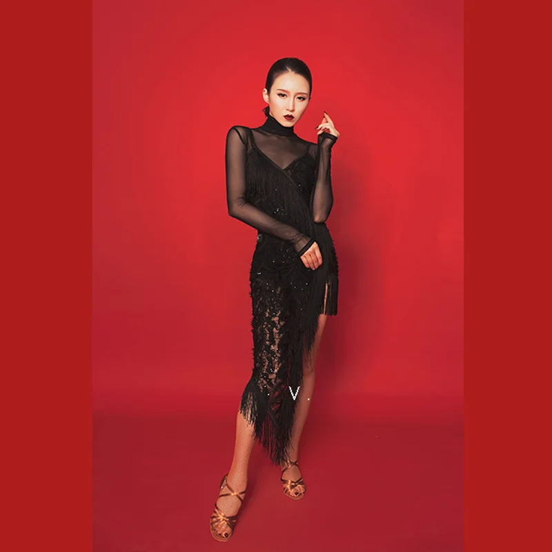 

New Latin Dance Dress Latin Dance Fringed Feather Sling Dress Mesh Top Women Latin Dance Long Sleeve Competition Dress DQL419