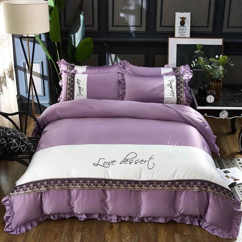 4Pcs Washing silk Luxury bedding sets Embroidery bed set double queen