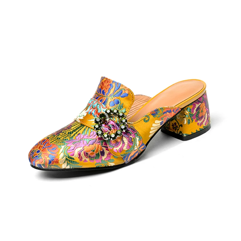 Женские тапочки; обувь из натуральной кожи; женские туфли без задника с круглым носком; летние туфли из овечьей кожи на квадратном каблуке; Pantoufle; большие размеры 33-43 - Цвет: Цвет: желтый
