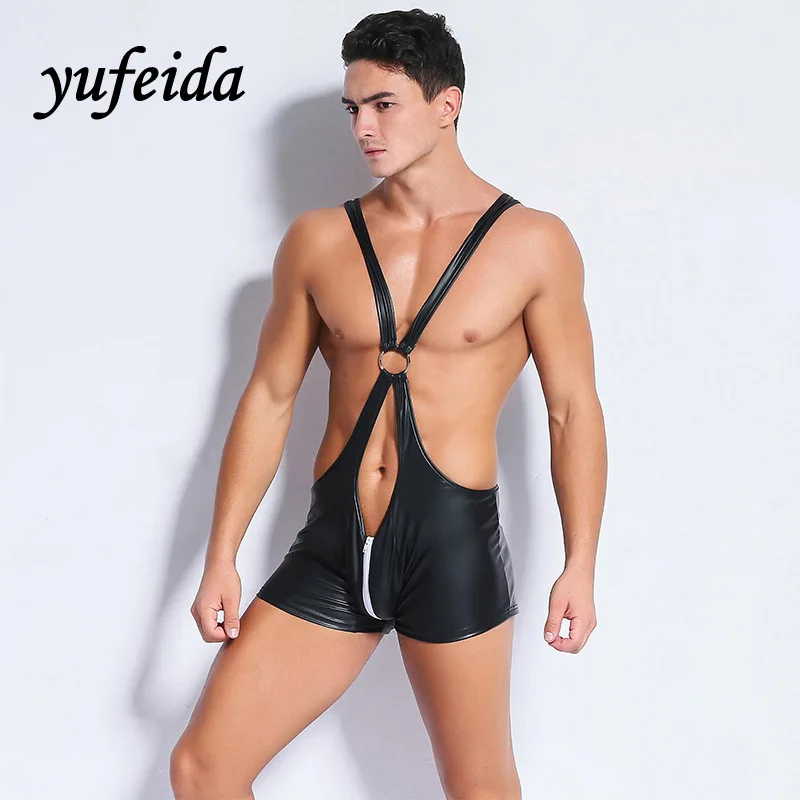 الرجال حللا ملابس تحتية للمصارعة ارتداءها مفتوحة المنشعب سستة حزام الوقاية الحقيبة القضيب قميص المثيرة بو الجلود الذكور الملابس الداخلية