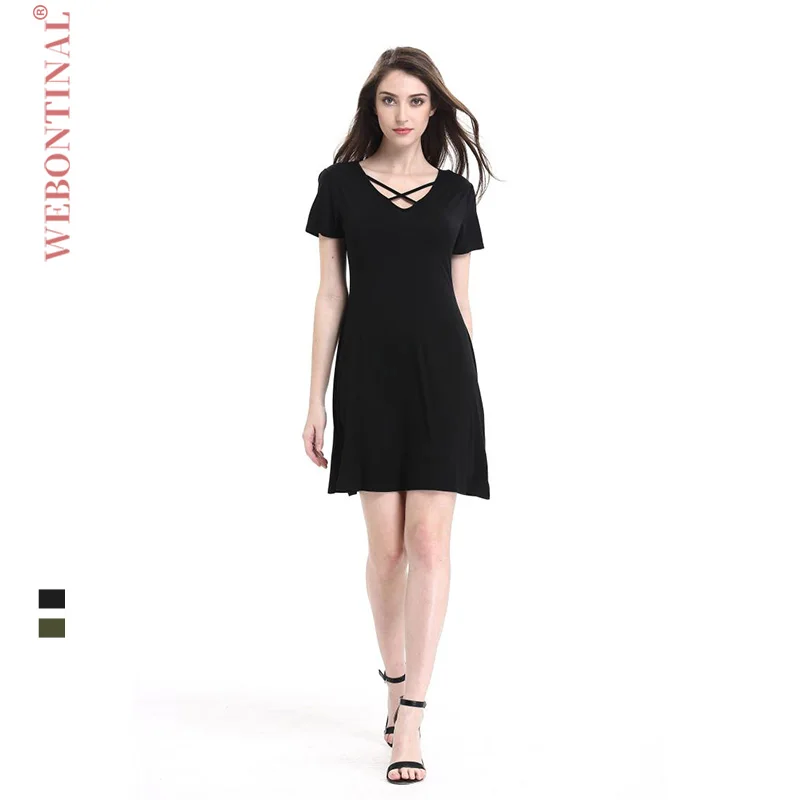 

WEBONTINAL Casual Summer Dress Two-band Cross Deep V-neck Solid Simple Women Dress Ladies Dresses Party Vestidos
