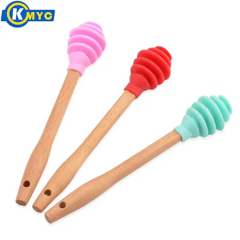 KMYC Silicone Honey Dipper Jam Honey Spoon With Wooden Handle Portable