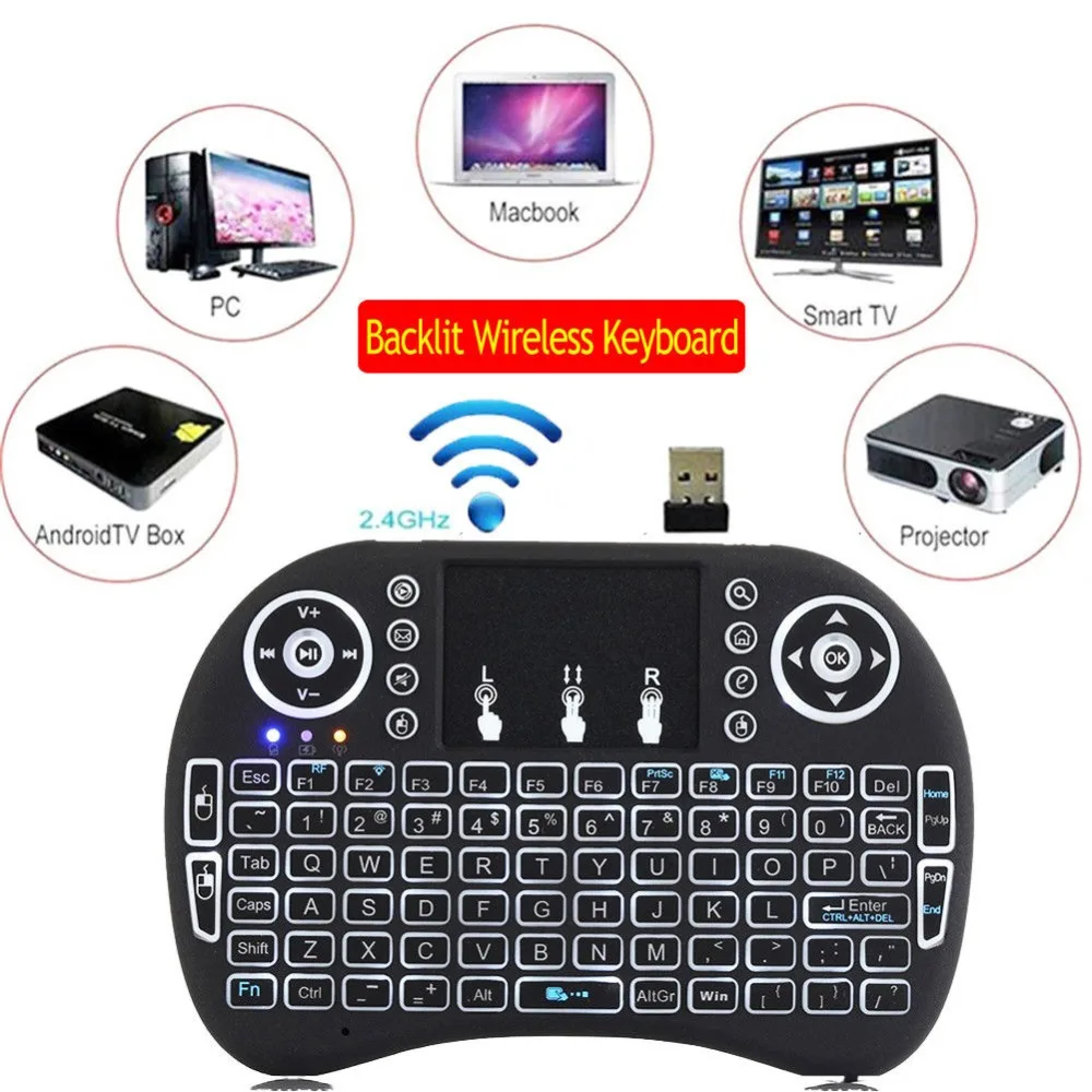 

2.4GHz Mini Wireless Remote Keyboard with Touchpad Mouse for Android TV Box 3 Color LED Backlight Rechargable Li-ion Battery