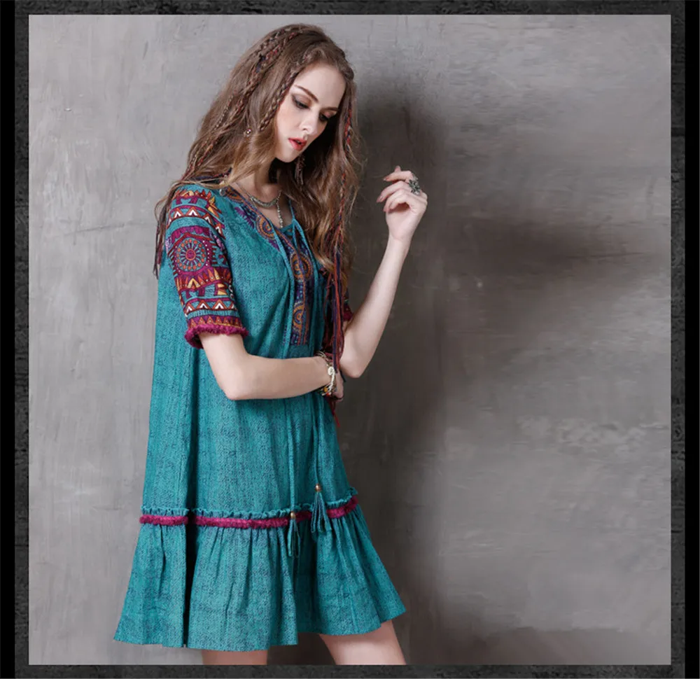 Vintage Women Summer Dress 2017 Boho New Denim Vestidos V-Neck A-line Embroidery Loose Natural Waist Thin Sundresses  (10)