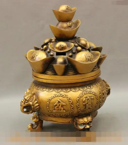 

S02881 16" Chinese Bronze YuanBao Wealth Lion Head Statue Treasure Bowl Shape Censer B0403