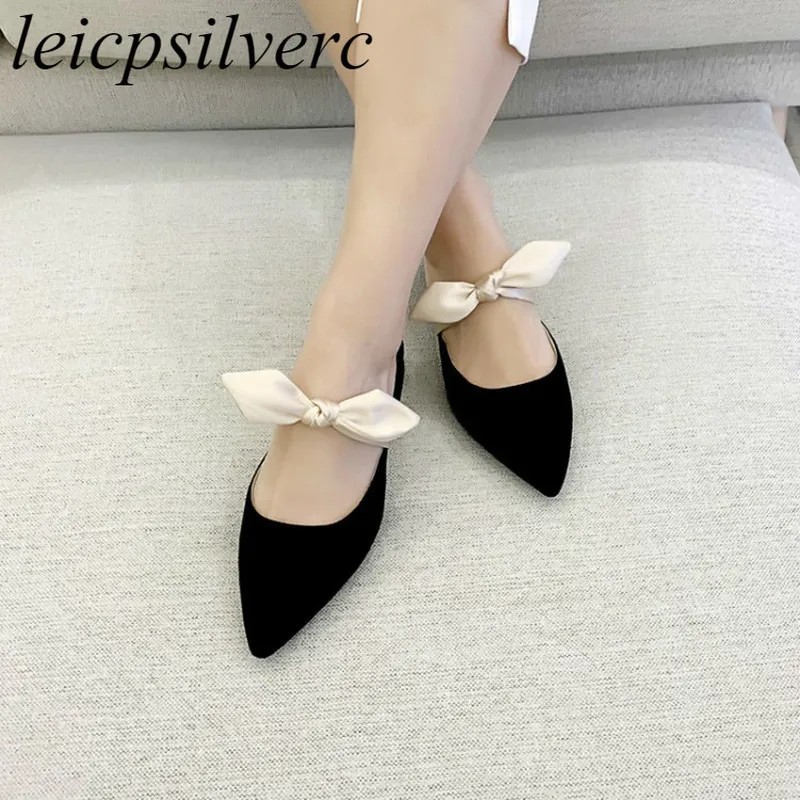 

Women Slippers Mules Low Heels Flock Pointed Toe Butterfly-knot Mixed-colors 2019 New Sexy Fashion Outside Casual Summer Spring