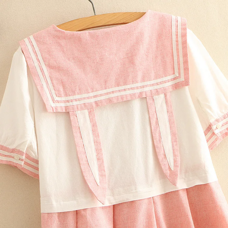 Японский розовый кролик лук матросский цвет Kawaii платье для женщин весна осень сладкий вышивка лоскутное короткий рукав школьное платье T365