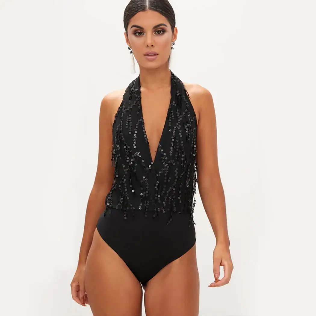 

Women Casual Sexy Deep V-Neck Solid Sequins Mesh Patchwork One-Piece Halter Bodysuit Summer Black, Apricot