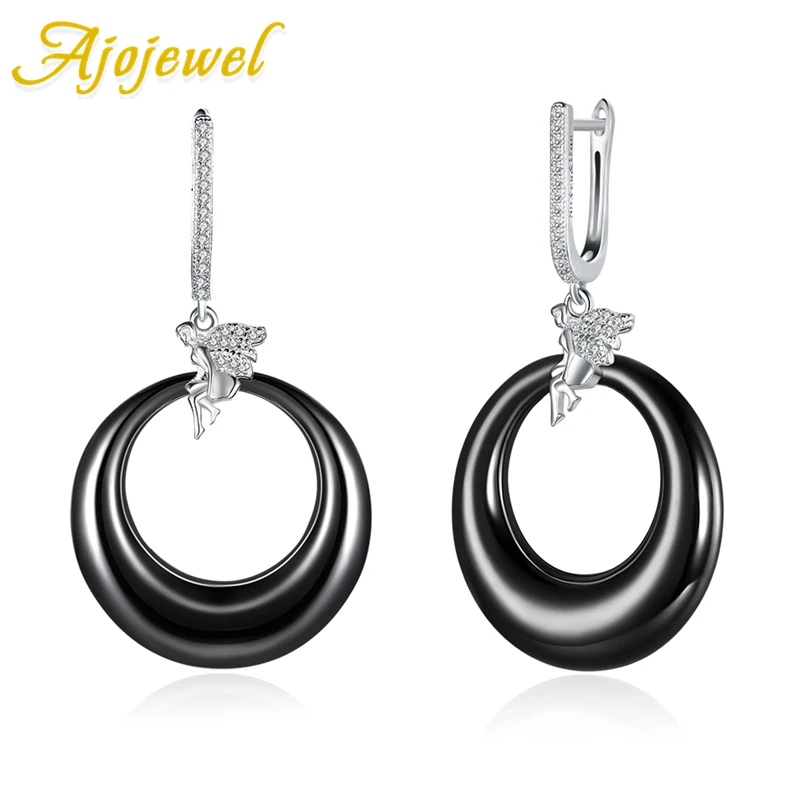 

Ajojewel Simple Jewelry Black&White Ceramic Drop Earrings Round Shape Elf Shinning Cubic Zircon Luxury Fine Clip Ears for Girls