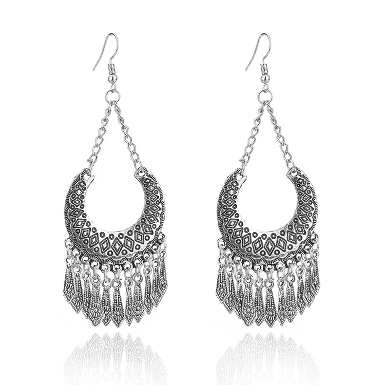 HOCOLE New Women Vintage Silver Boho Dangle Earring Big Ethnic Bohemia Long Drop Earring Tribal