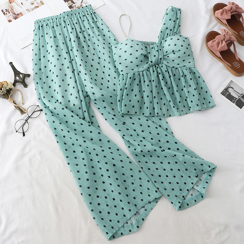 

Two Piece Set dot Short Women Tops + Elastic High Waist Wide Leg Pants 2019 Summer Conjuntos De Mujer irregular sexy