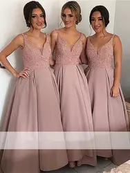 Элегантный 2019 дешевые платья подружки невесты под 50 A-Line v-образным вырезом атласные бисером Длинные свадебные платья для женщин