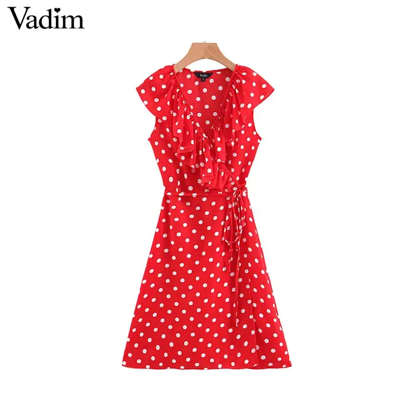 Вадим Женщины Симпатичные dot печати ruffled wrap dress Пояса V шеи крест дизайн женские