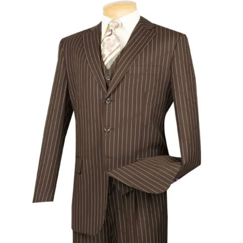 Promo Offer of  Men's brown pinstriped three sets of 3 button men's wedding groom dress and ball gown (coat + pants