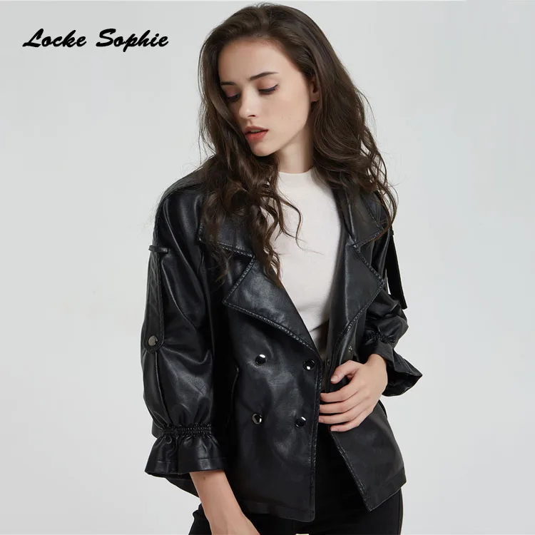 

Women's Plus size short jacket blazers 2019 Autumn PU leather faux fur Double-breasted Jacket ladies Skinny locomotive blazers