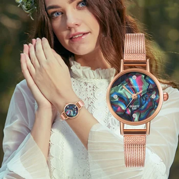 

Classic Exquisite Watch Quartz Luxury Simple Retro Pattern Casual Women Gold Mesh Strap Female WristWatch Relogio Feminino