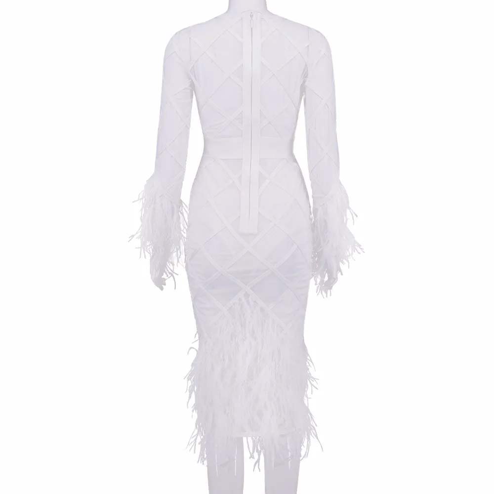 Maille Parti Manches Longues Sexy Plume Élastique 2017 Qualité Bandage Dames Tricoté Blanc Robe Haute SwqXOX