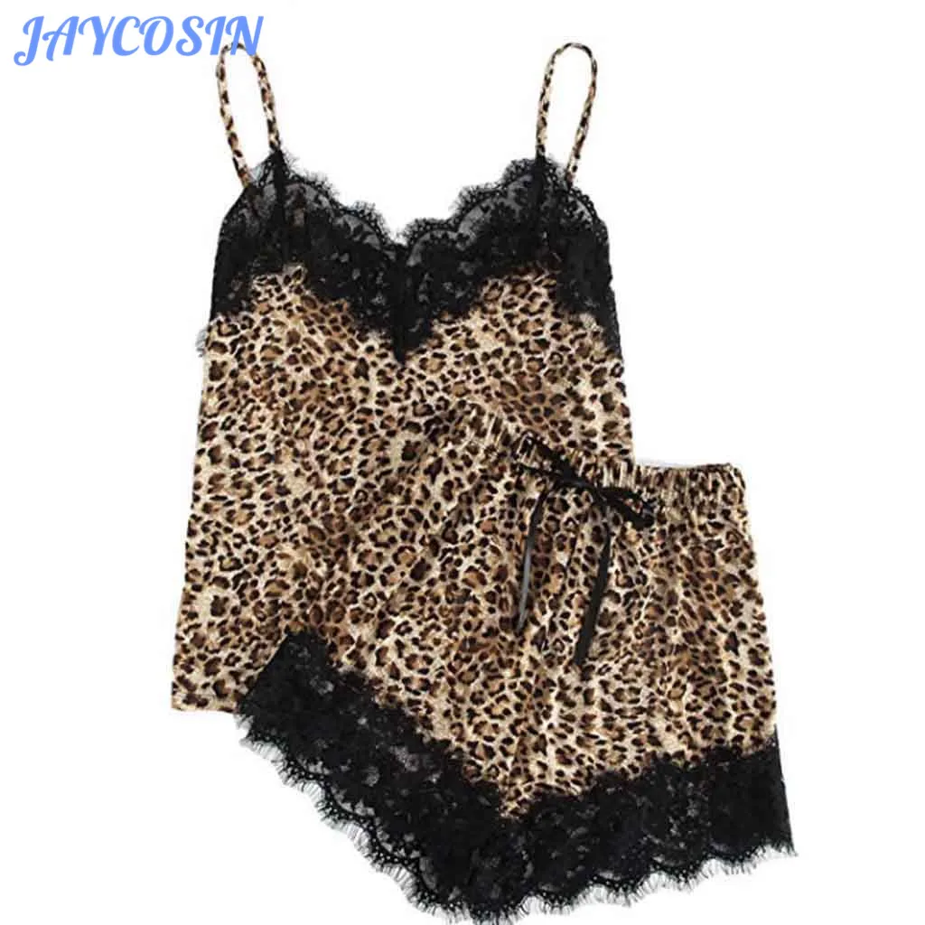 

JAYCOSIN Women Set Clothes Plus Size 5XL Sexy Leopard Underwear Two Piece Set Lace Sleeveless Sling Top And Shorts Pajama Set