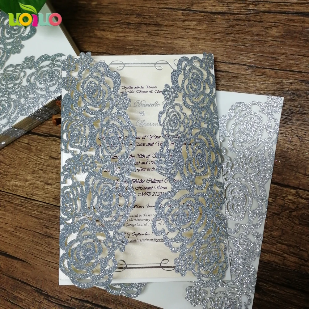 

Fashion silver glitter paper wholesale baby naming ceremony invitation cards laser cut wedding invitation card