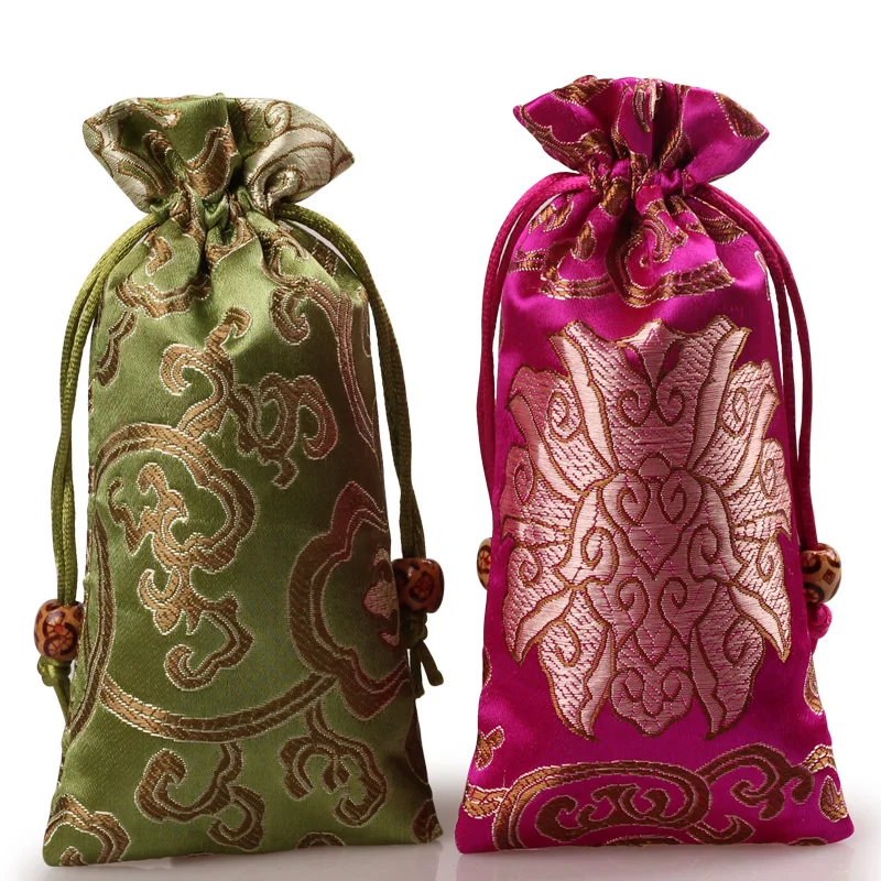

Lengthen Rich Flower Jewelry Gift Bags Wooden Comb Beads Necklace Storage Pouch Drawstring Silk brocade Bag Packaging Pocket