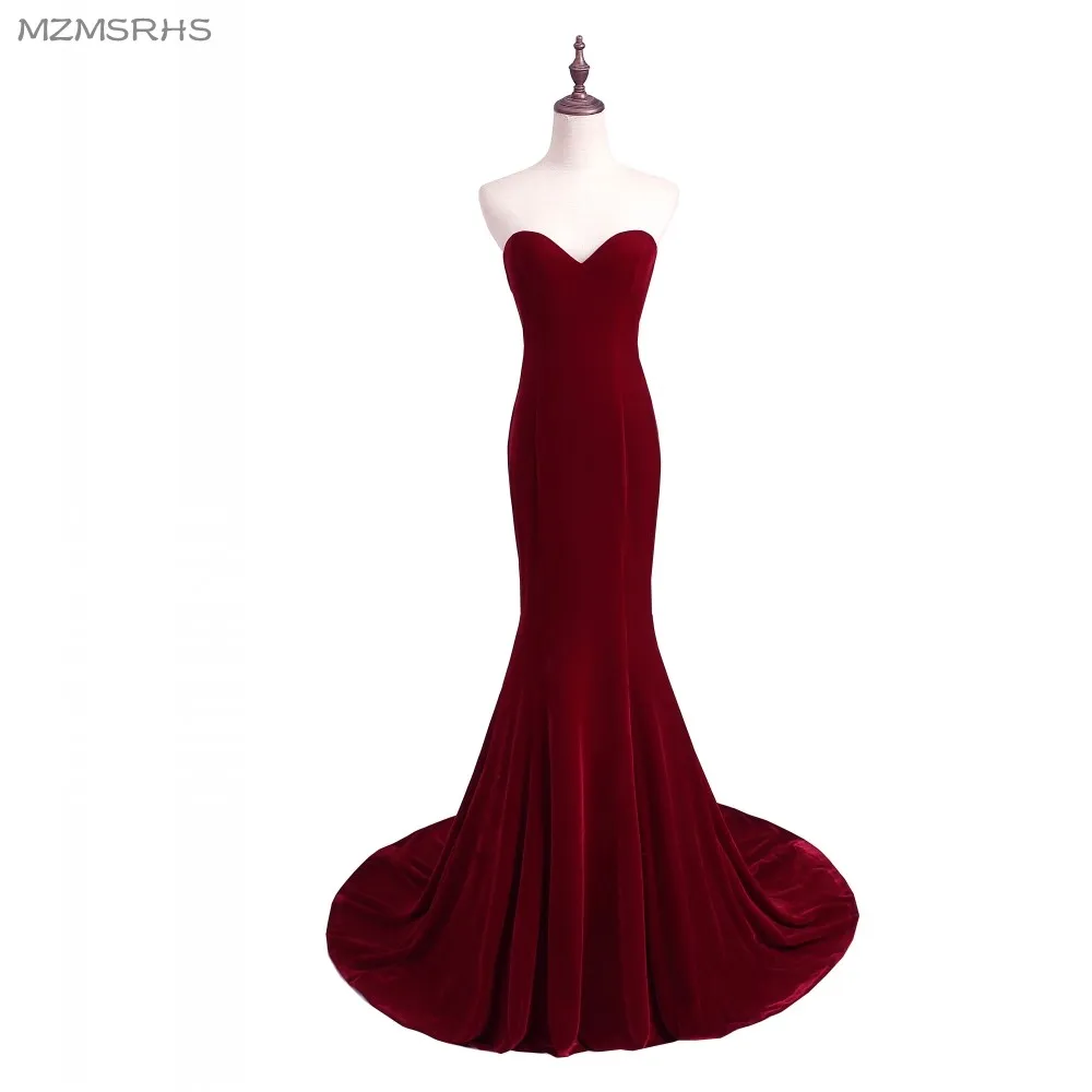 Unique Designer Burgundy Mermaid Prom Dresses 2015 Women Long Train Flattered Fitted Red Wine Velvet Elegant