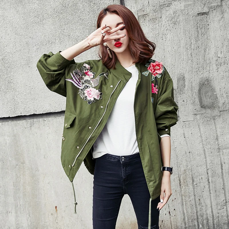 2017 Spring Autumn Army Jacket Embroidery Peony Floral Women Fashion