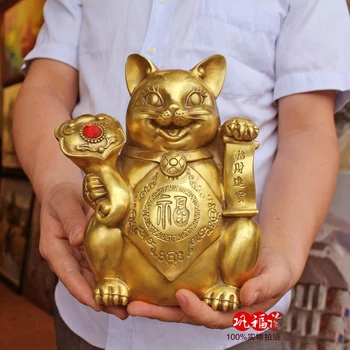 

large # Golden Good luck cat # OFFICE HOME efficacious Talisman Money Drawing Golden auspicious fortune CAT Brass statue-23 CM