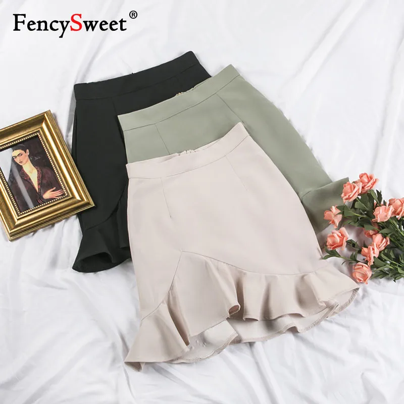 Fencysweet нерегулярные оборками для женщин Русалка Юбка Лето Мини Юбки Высокая талия Мода 2019 г. палантин Твердые Тонкий зеленый