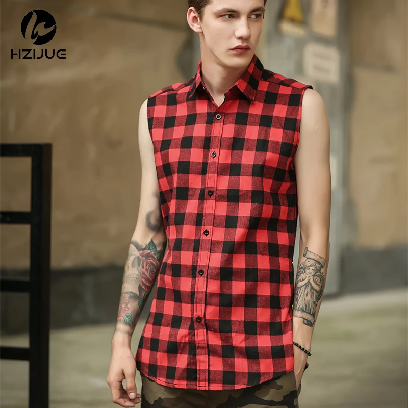 

HZIJUE Hip hop clothing tyga men's camisa masculina swag plaid shirts sleeveless side gold zipper man extended mens dress shirt