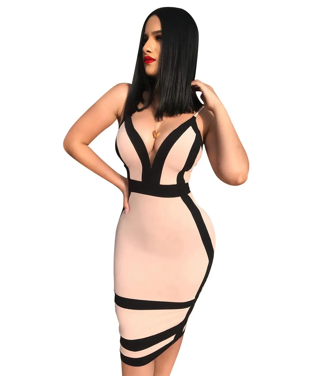 

Women Spaghetti Strap Sexy Bodycon Dress V Neck Sleeveless Patchwork Sheath Midi Bandage Dress Party Clubwear Dresses