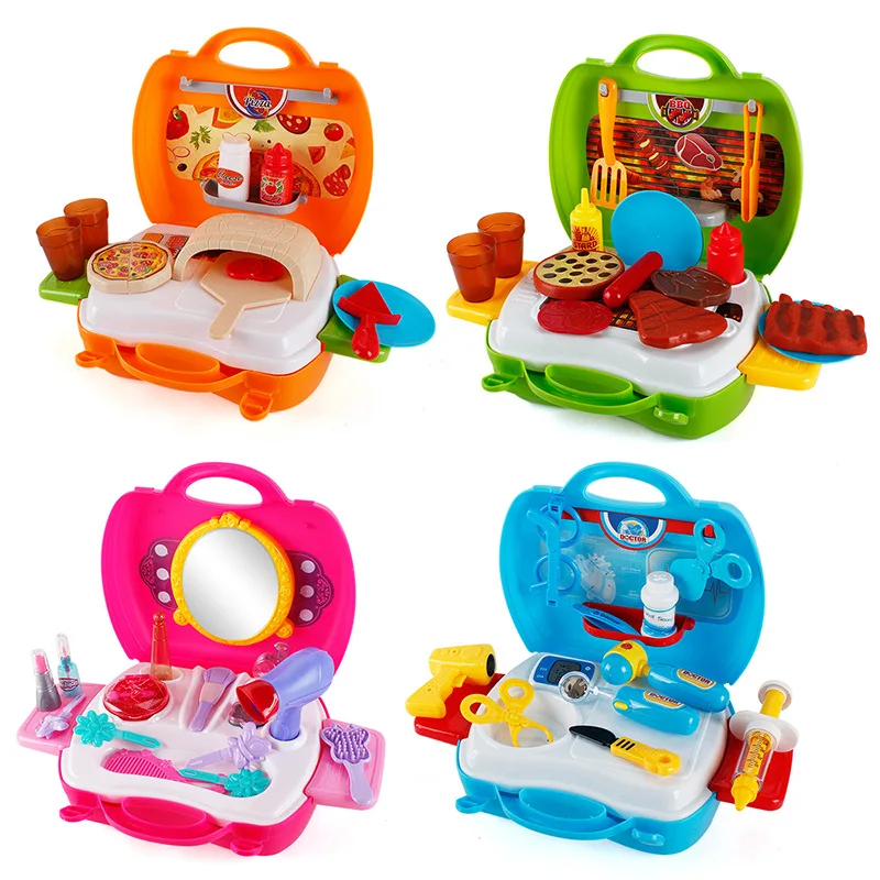 

3 Types Pretend Play Children Simulation Kitchen Cooking Play House Tableware Barbecue pizza Suitcase Kids Plastic Toy Set