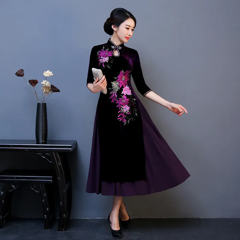 Элегантный китайский женский длинный Ципао традиционный Мандариновый воротник Aodai Cheongsam негабаритный 3XL 4XL винтажное вечернее платье Vestidos