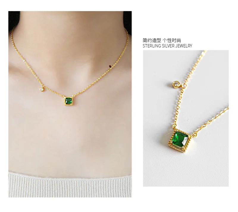 

100% S925 sterling silver fashion geometric Chocker Necklaces square green cz cubic zircon pendant necklace female Women Girl