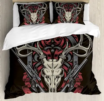 

Hunting Duvet Cover Set by Abstract Gothic Victorian Stag Deer Antelope Skull with Shotguns Antique Decorative Bedding Set