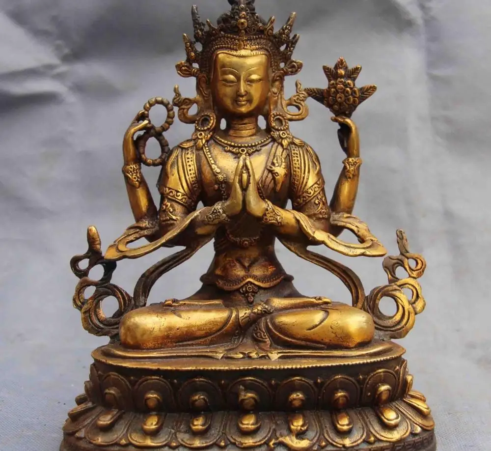 

Buddhism Copper Bronze Gild Four-armed Avalokitesvara Guan Yin Kwan-yin Statue