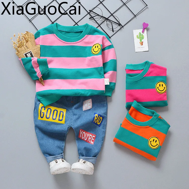 

High Quality Spring and Autumn Children Pullover Baby Cowboy Smile Shirts and Pants Big Stripes Trousers Two Children's Suits