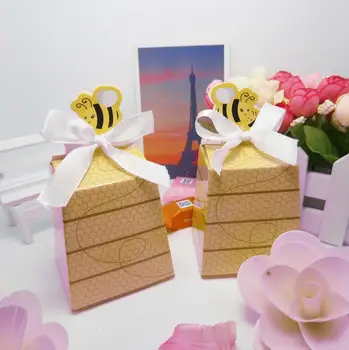 

50Pcs/Bag baby shower favor candy box Baptism Christening Birthday Gift honey bee box with bow tie party decoration