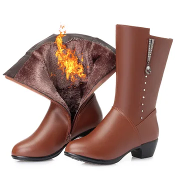 

2019 New Winter Rhinestone Cowhide Fashion Boots Warm Comfort Plush and Wool Boots Snow Boots Real Leather Shoes Women Boots