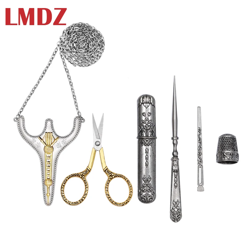 

LMDZ 5Pcs/ Set Vintage Silver and Gold Antique Crafts Embroidery Sewing Scissors Gift Thimble Needle Case Awl Tailor's Scissors