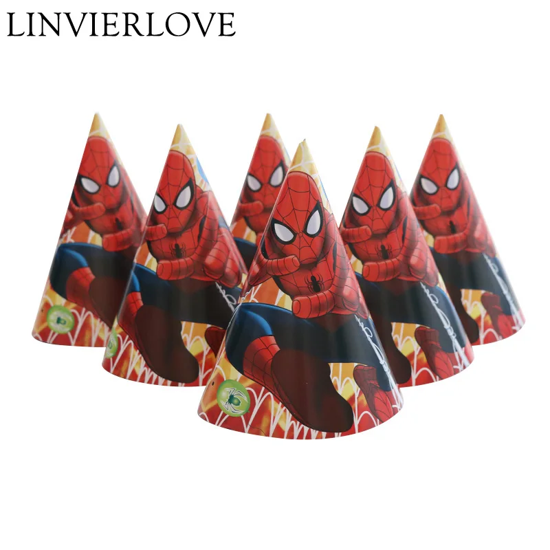 

6pcs/set Red Spiderman Theme Paper Cap Hat For Kid Children Happy Birthday Cartoon Pattern Party Decoration Hat Event Supplies