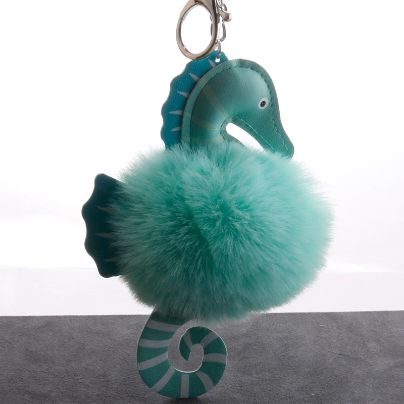 

Cute Leather Sea Horse Keychain Artificial Rabbit Fur Ball Pompon Women Car Handbag Charms Keyring Holder Jewelry Accessories