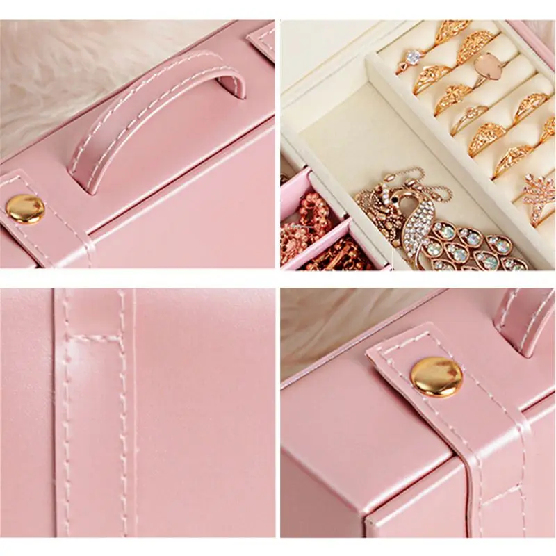 Sweet Pink Jewelry Box Portable Leather Earring Ring Jewelry Storage Travel Case