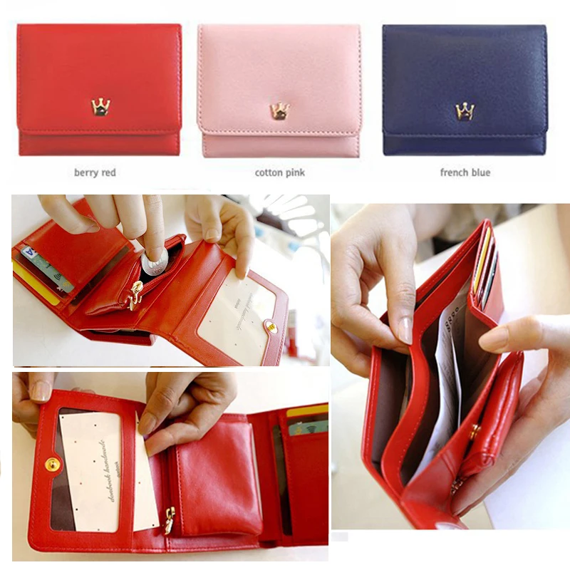 Women Red/Blue/Pink Short Hasp Wallet Purse Trifold Wallets PU Leather Zipper Pocket Crown Coin ...