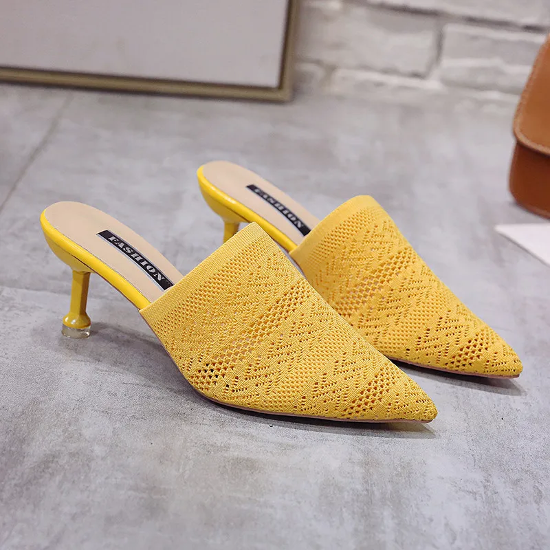 Summer Pointed Toe Women Sandals High Heels Yellow Fashion Slip On Mules Hollow Fabric Slides Thin Heels Slipper Sandalias Mujer