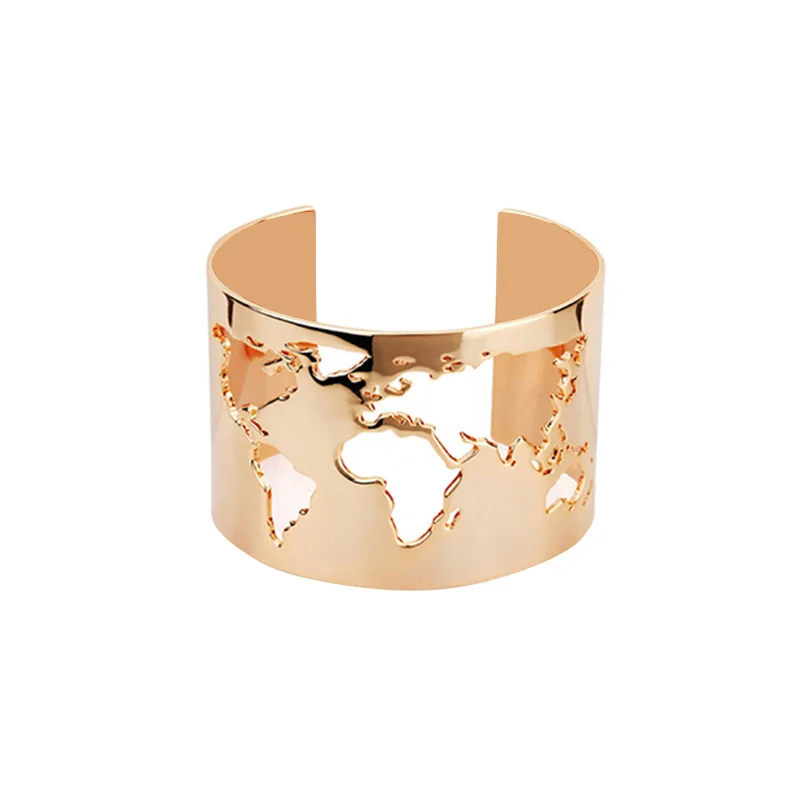 

1Pc Stainless Steel Wide Laser Engraving World Map Cut-out Circle Angle Cuff Bangle Bracelet For Travel Peace Jewelry