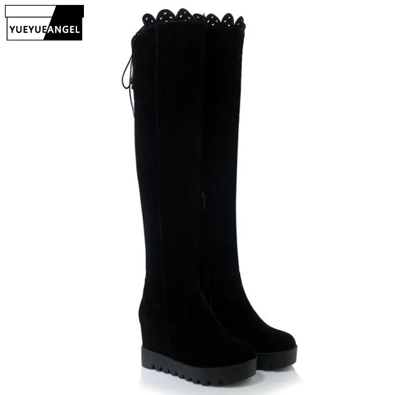 

New Arrival Fashion Women Over The Knee Boots Round Toe Side Zipper For Women Shoes Black Faux Suede Wedges 8CM Free Shipping