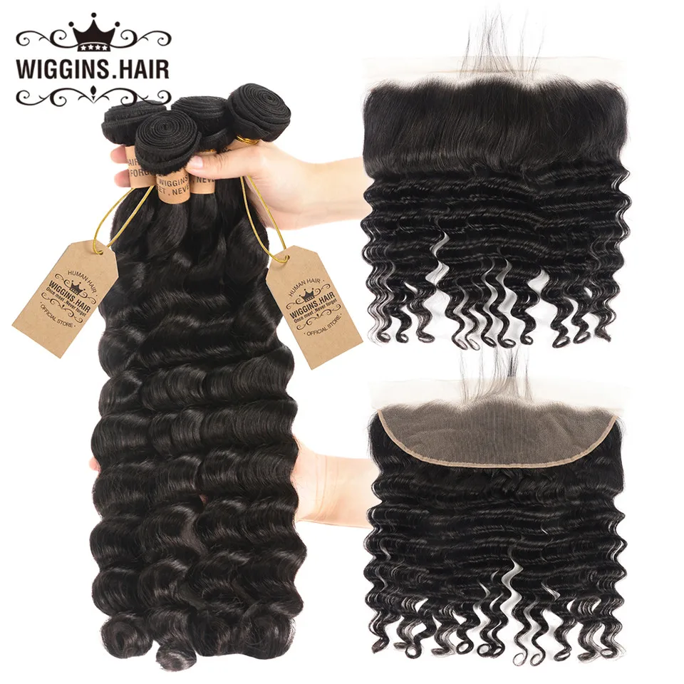 

Wiggins Hair Brazilian Loose Deep Wave 4 Bundles With Closure 13x4 Lace Remy Human Hair Bundles With Frontal Pre Plucked Natural