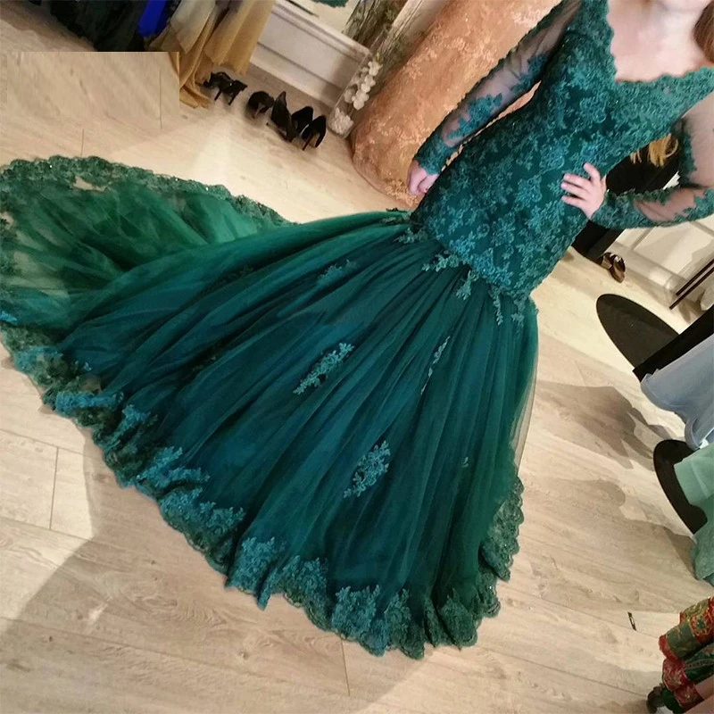 

Muslim Lace Long Sleeve Emerald Green Mermaid Formal Evening Party Dress Turkish Arabic Moroccan Kaftan Evening Gowns Dresses
