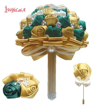 

(Wrist flower and boutonniere) Dimaond Gold Silk Rose Hand Bouquet DIY Handmade Brooch Bridal Wedding Bridal Bouquet Set W2913-T